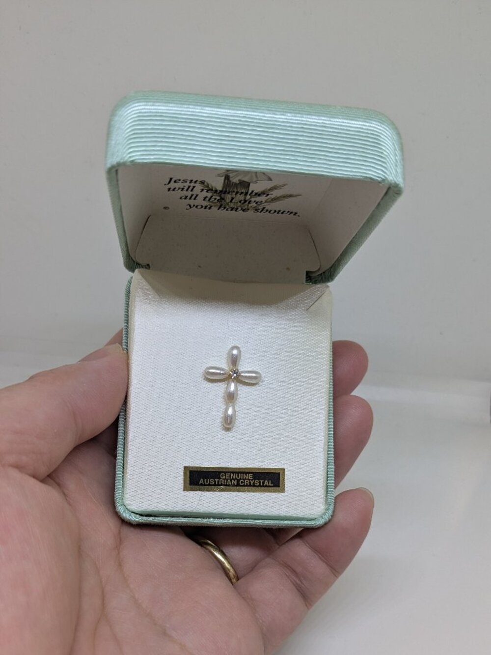 Real Pearl Cross Pin w/ Real Crystal Center